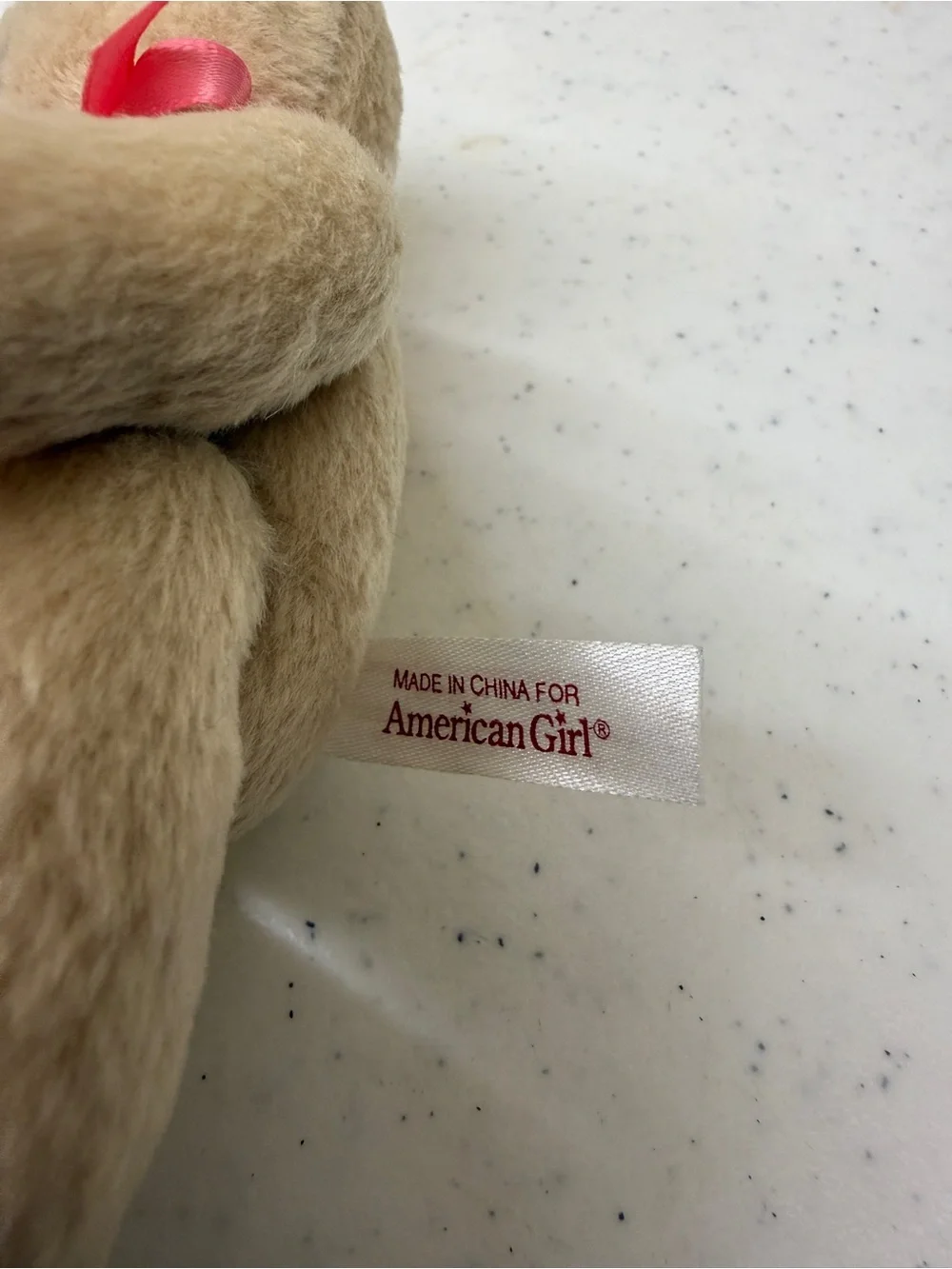 American Girl Plush Bitty Bear with Pink Ribbon, code #9851 retired, jointed.